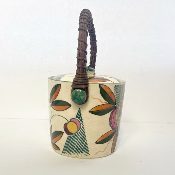 Vintage Japanese Biscuit Cookie Jar Rattan Handle Lidded Vibrant Floral - Picture 2 of 9